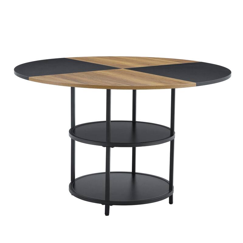 Roomfitters 47 Inch Round Dining Table with Double-Layer Storage and Diagonal Wood Black Top for Modern Spaces, Black+Wood