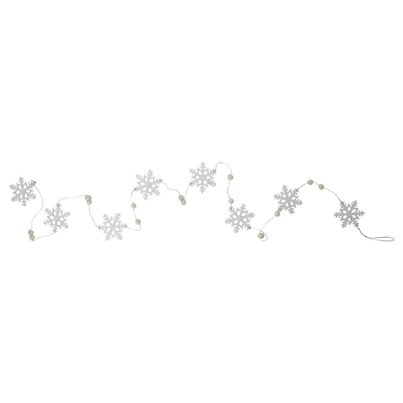 White Glitter Dusted Snowflake Christmas Garland with Wooden Beads - 5.25'
