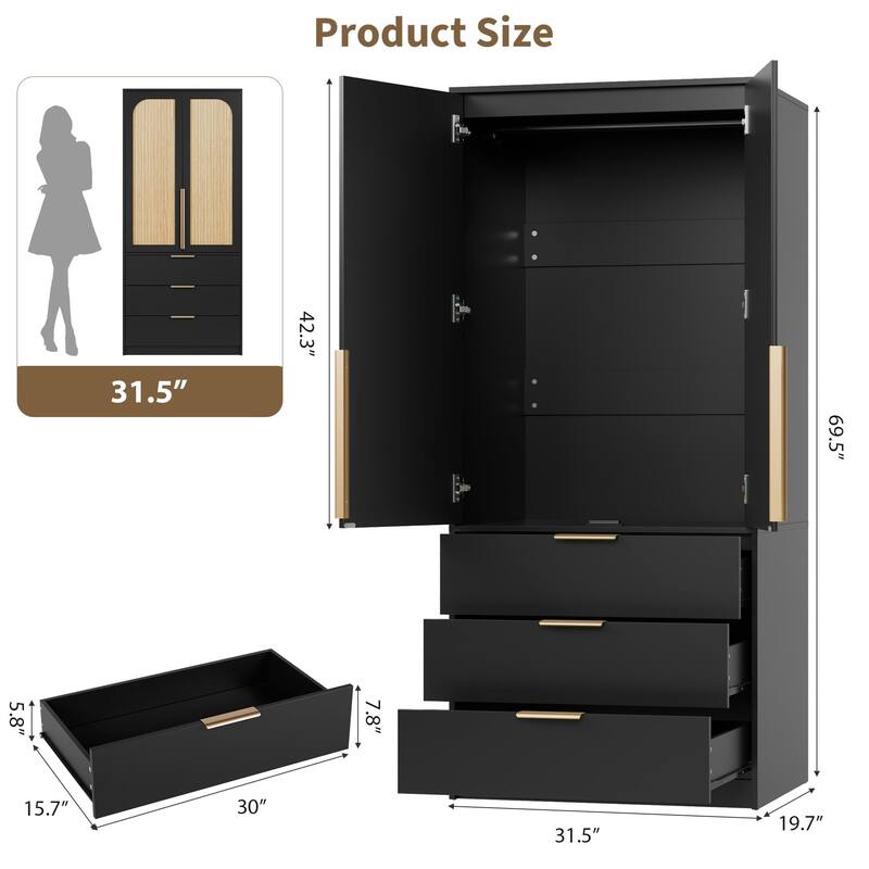 69.5" Armoire Wardrobe Closet with Rattan Doors, 3 Drawers & Hanging Rod, Wooden Storage Cabinet for Bedroom