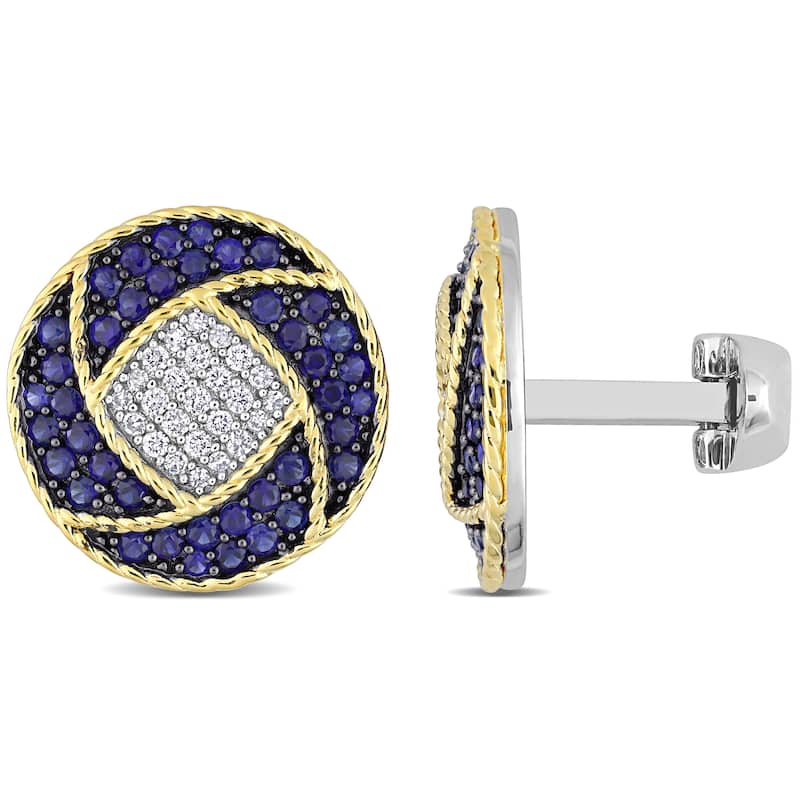 Miadora 1 1/2ct TGW Sapphire and 1/3ct TDW Diamond Cufflinks in Two-Tone Sterling Silver