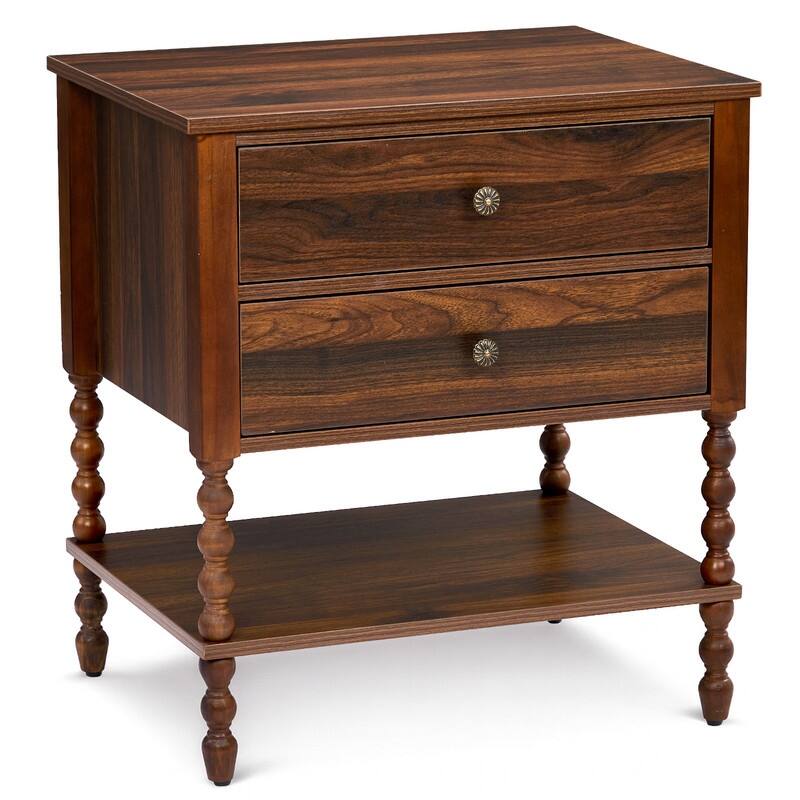 Brown Mid-Century Modern Hemmer 2 Drawers Lower Shelf P2 Particleboard 3D Paper Solid Wood Legs 24 Inches 1 Piece