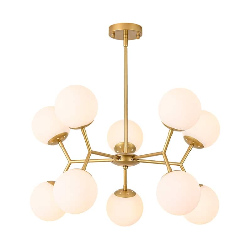 Mid-Century 10-Light Milky Glass Globe Round Branched Chandelier