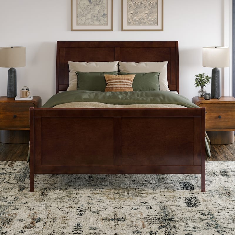 Full Size Sleigh Bed - Low Profile Wood Platform Bed with Footboard - Modern Bedroom Furniture