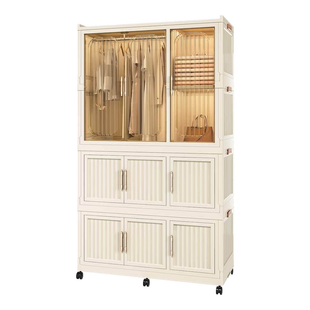 Anmytek Rolling Storage Cabinet Wardrobe with Hanging Rod Transparent Door Mobile Closet for Bedroom Nursery