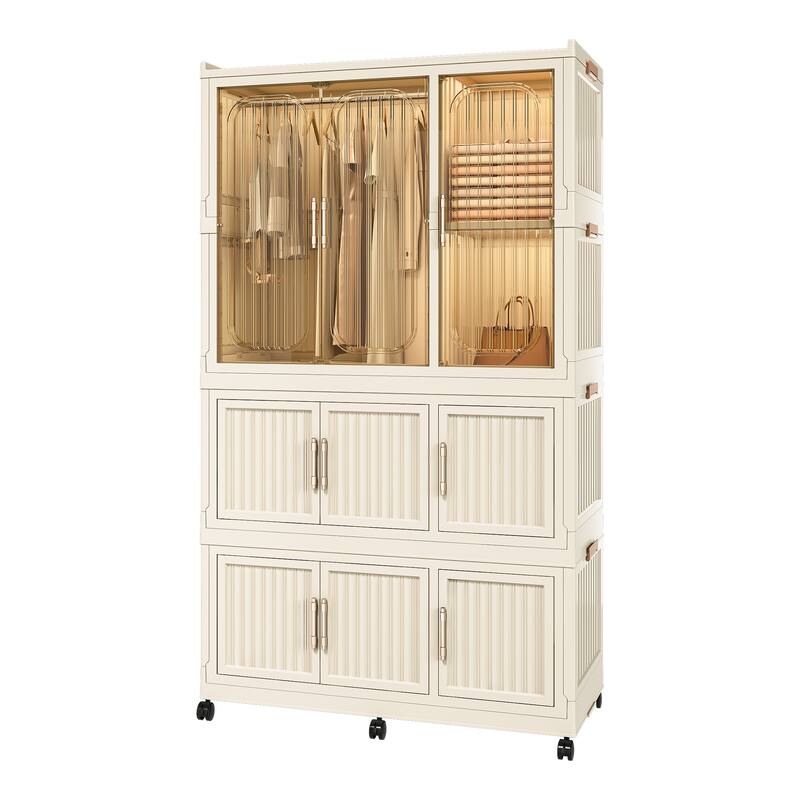 Cream White ABS Portable Wardrobe with Hanging Rods, Cubes and Magnet Doors - 36.22 x 17.72 x 62.2 in (L x W x H)