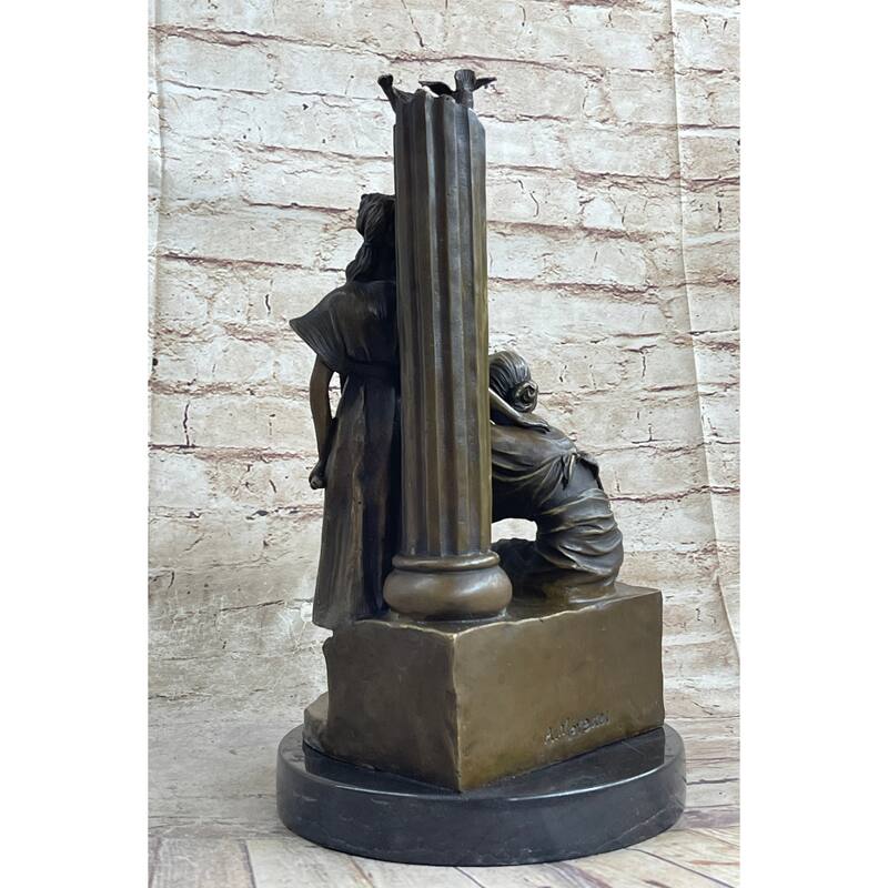 Two Young Girls W/ Book Column Bronze Statue Sculpture Moreau Decor 14 Inches X 8 Inches