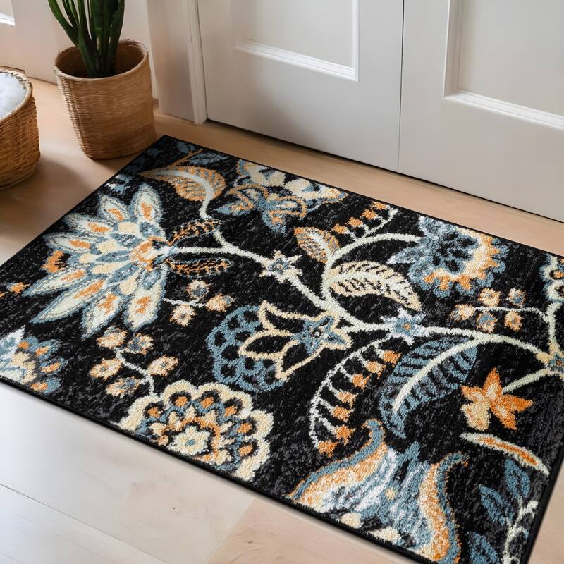 Beige Multi Floral Medallion Stylish and Durable Area Rug - Black - 2' x 3'