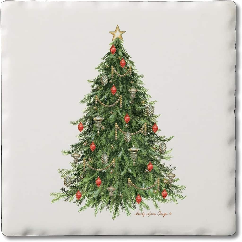 O' Christmas Tree Absorbent Stone Tumbled Tile Coaster 4 Pack with Protective Cork Backing Manufactured in The USA