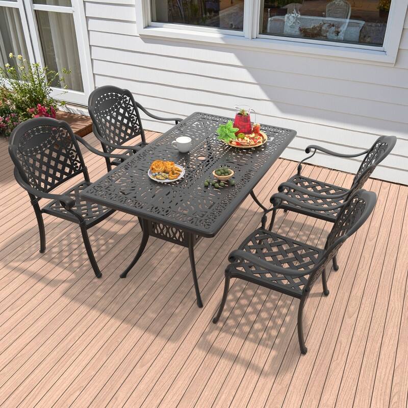 5/7-Piece Cast Aluminum Outdoor Dining Set with 58.27'' L X 34.65'' W Rectangular Table and Seat Cushions