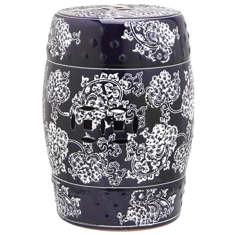 SAFAVIEH Lulie Midnight Navy/ White Painting Flower Ceramic Decorative Garden Stool - Navy/White