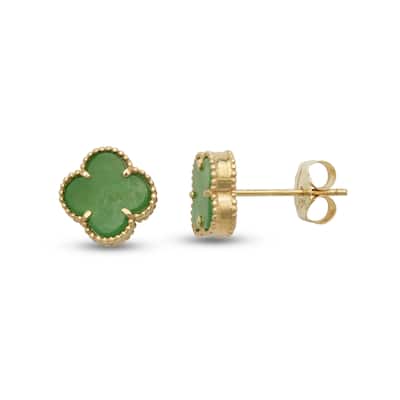 Curata Solid 14K Yellow Gold 10mm White Pearl, Black Onyx or Green Jade Clover Stud Earrings