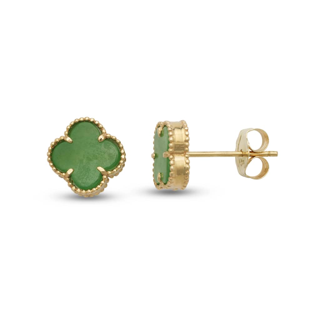 Curata Solid 14K Yellow Gold 10mm White Pearl, Black Onyx or Green Jade Clover Stud Earrings