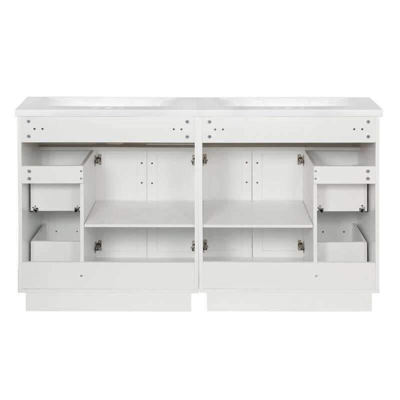 60" Bathroom Vanity with 4 Cabinet Doors, 4 Drawers, 2 Adjustable Shelves, Dual SMC Resin Sinks, Hidden Soft-Close Drawers
