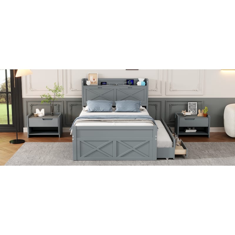 Full Size Wooden Bed with Storage Headboard, Extendable with Twin Trundle and Drawers, Gray