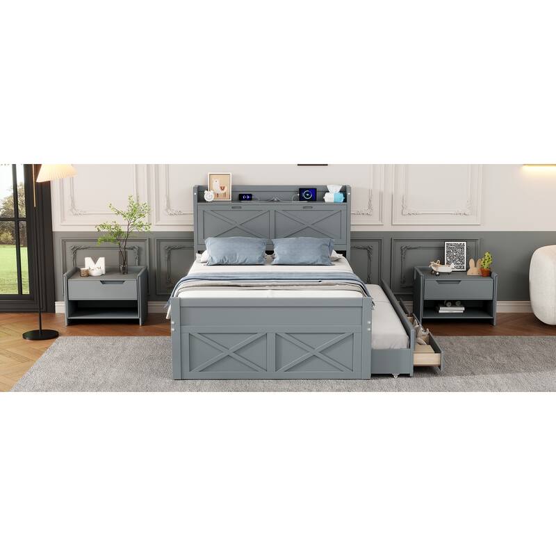 Gray Full Size Extendable Bed with Storage Headboard and Drawers