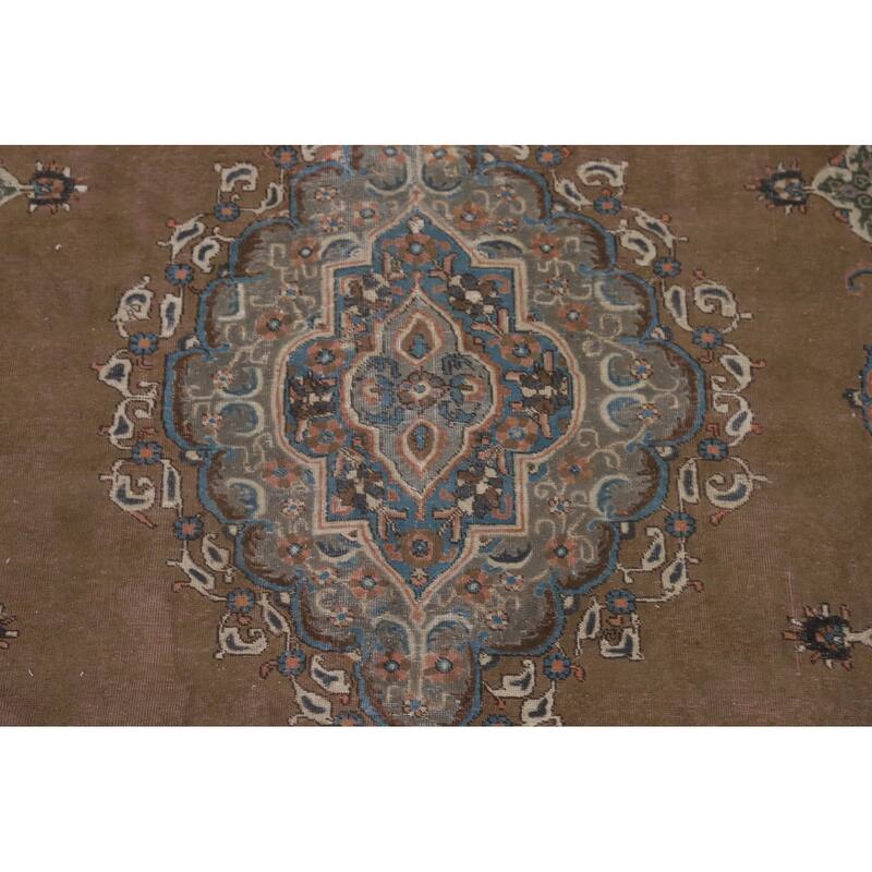 Brown Over Dyed Tabriz Persian Vintage Rug Handmade Wool Carpet - 9'3"x 12'7"