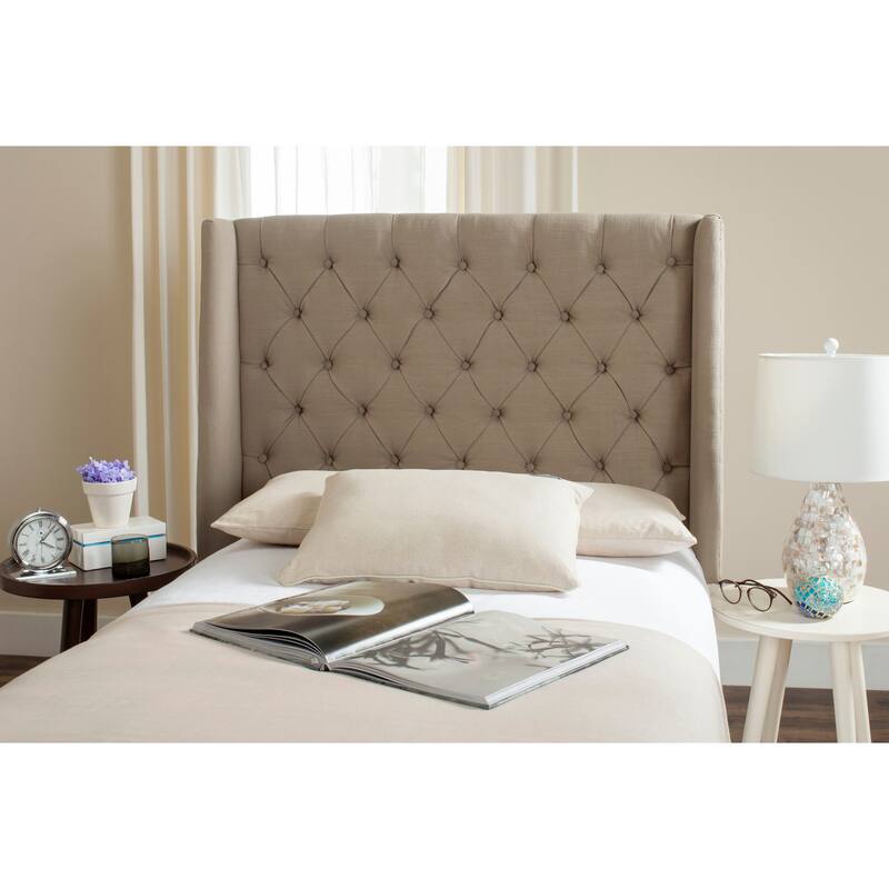 SAFAVIEH Shandra Taupe Linen Upholstered Tufted Wingback Headboard (Full)