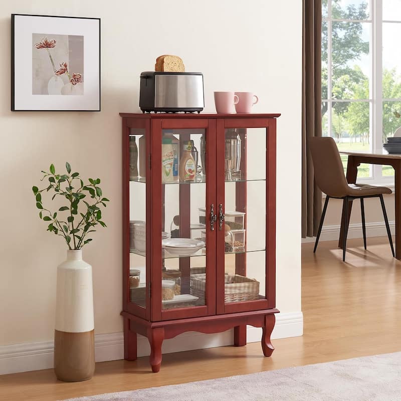 Roomfitters 2 Doors Curio Cabinet with Tempered Glass Doors, Mirrored Back Panel, Adjustable Shelves, Lighted Display Cabinet