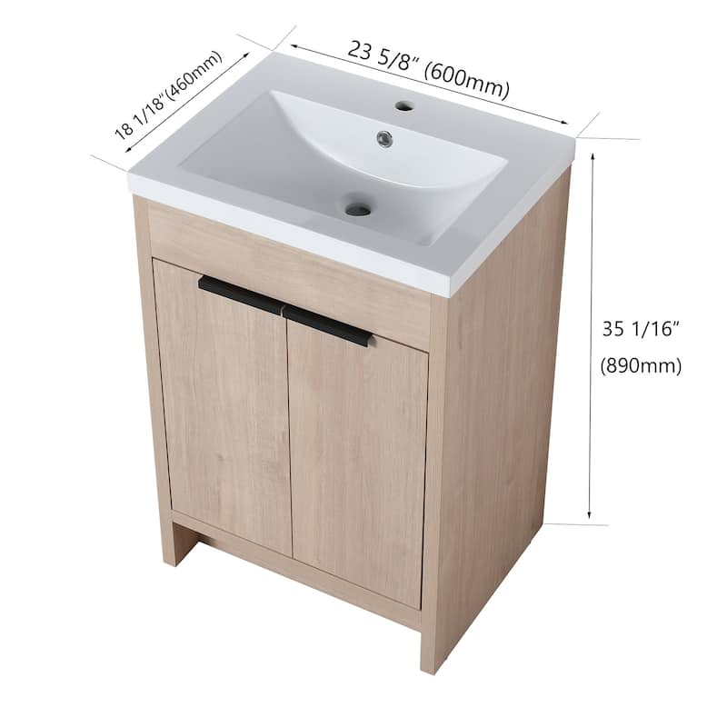 24 Inch Plywood Freestanding Bathroom Vanity With White Resin Sink and Doors and shelf