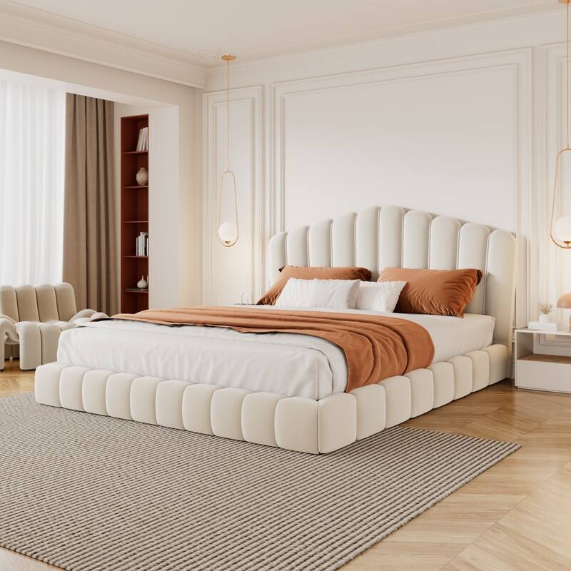 Velvet Upholstered Queen Bed Frame Shell-Shaped Headboard