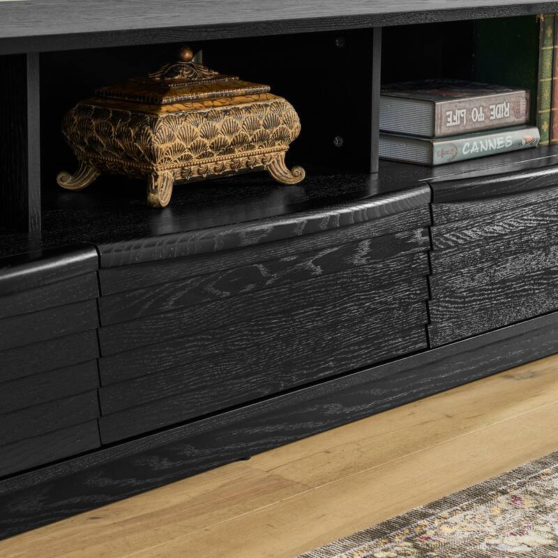Mid-Century Modern TV Stand for TVs up to 75" with Louver Design 3 Drawers and Outlet Holes, for Living Room, Black