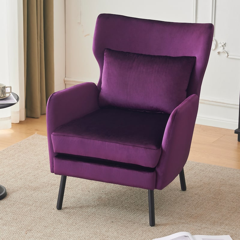 Modern 32" Upholstered Wing Back Velvet Accent Chair with Metal Legs and Pillow