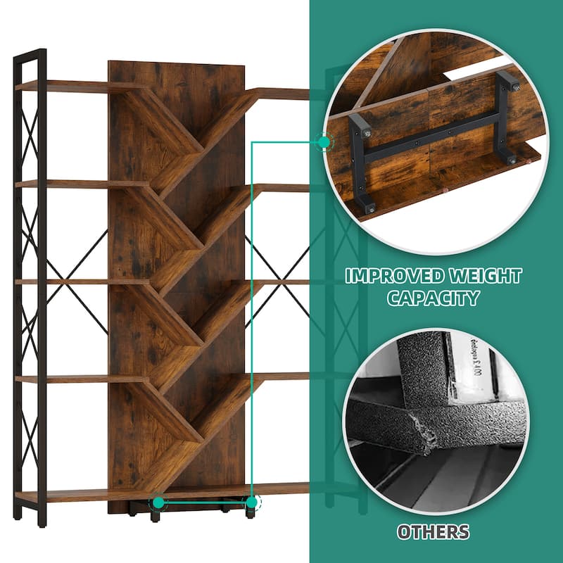 Moasis Wood 5-Tier Large Tree Bookshelf Industrial Open Etagere Bookcase