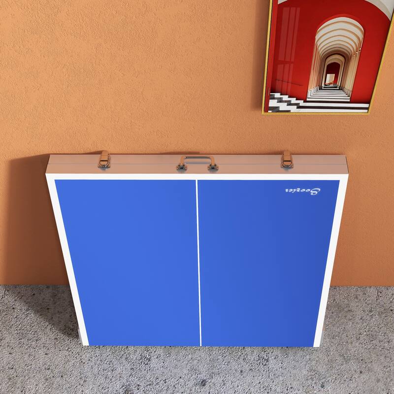 Soozier Mini Ping Pong Table Set for Outdoor and Indoor, Foldable Table Tennis Table with Net, 2 Paddles, 3 Balls, Adjustable