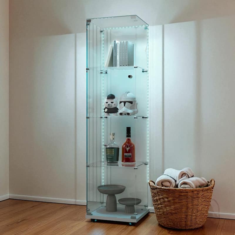 Tempered Glass Display Cabinet with Bluetooth LED Lights, Lockable Doors, Storage Shelves and Casters