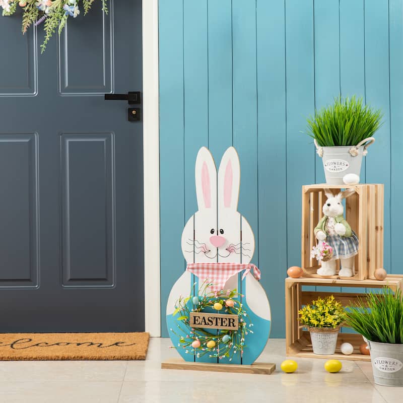 Glitzhome Easter Wooden Bunny Porch Decor Standing Rabbit Sign Decoration