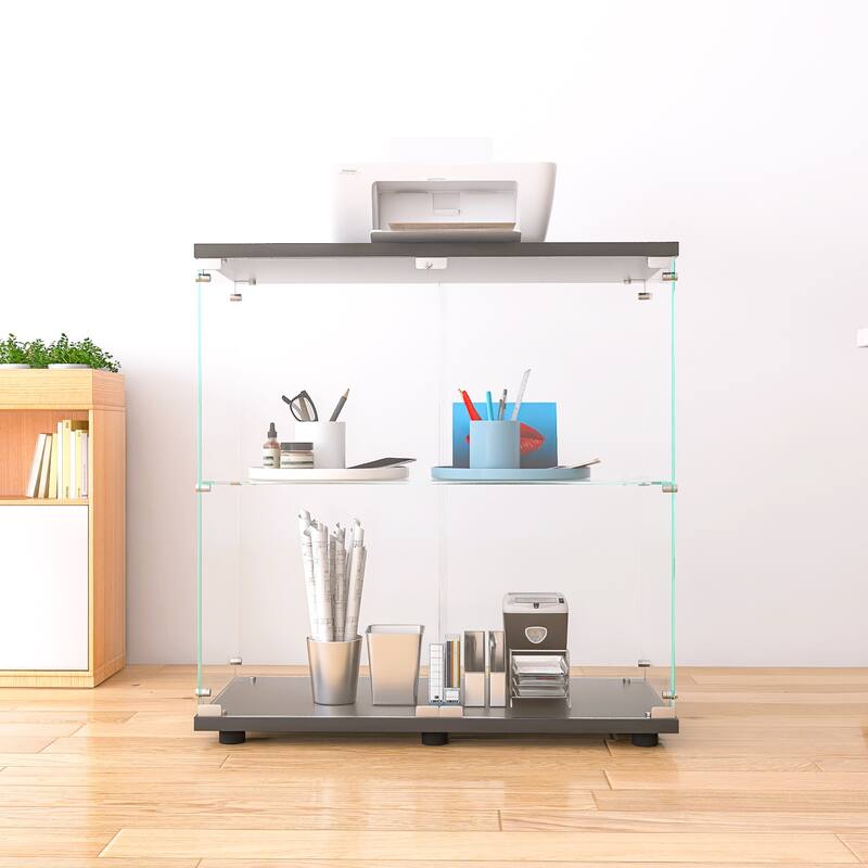 Two-door Glass Display Cabinet, Floor Standing Curio Bookshelf w/2 Shelves, Transparent Full Viewing Angle Cabinets for Bedroom