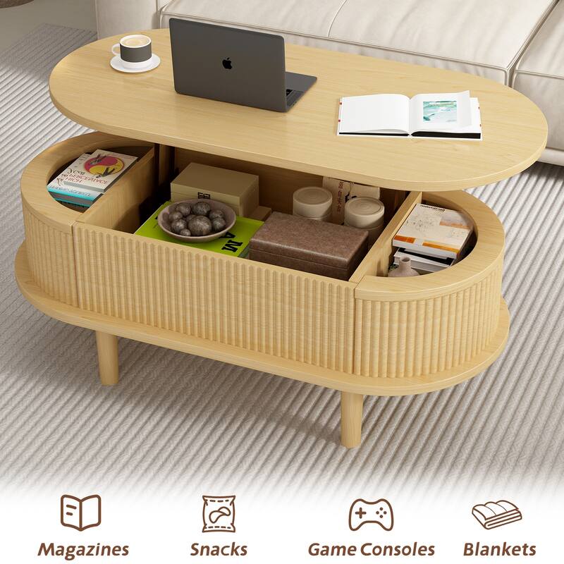 Fluted Lift Top Coffee Table with Hidden Compartment, Wooden Center Table, Modern Oval Lift Tabletop for Home