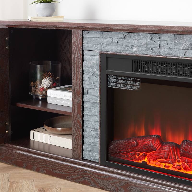 Fireplace TV Stand with 23" Electric Fireplace, Faux Stacked Stone Surround Media Cabinet TV Console for TVs up to 75"