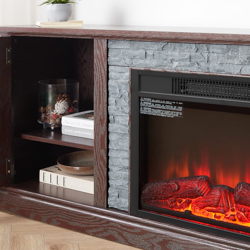 GDFStudio Thatch Wood 70" TV Stand with Faux Stacked Stone Fireplace and 2 Door Storage