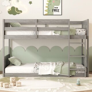 Twin over Twin Floor Bunk Bed with Panelled Headboard,Footboard,Safety Guardrails and Built-In Ladder