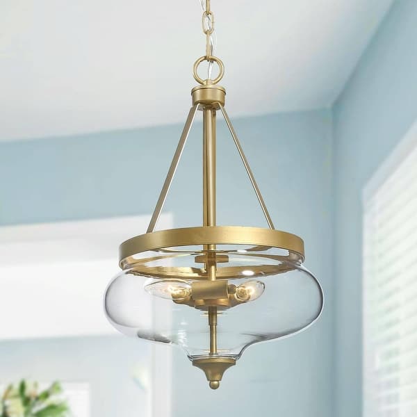 slide 2 of 12, Rella Modern Farmhouse Urn 12 inch Pendant Teardrop Glass Kitchen Island Chandelier Adjustable Lights 12" W x 21-80" H - Light-Bronze Gold