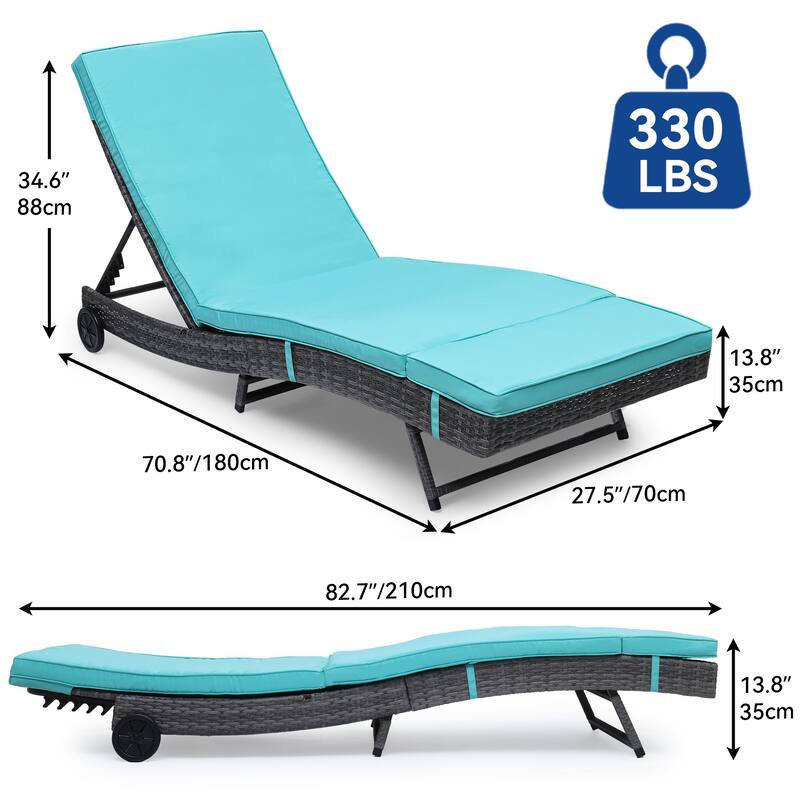 Wicker recliner, outdoor PE cane pool recliner with adjustable back and removable mat and wheels