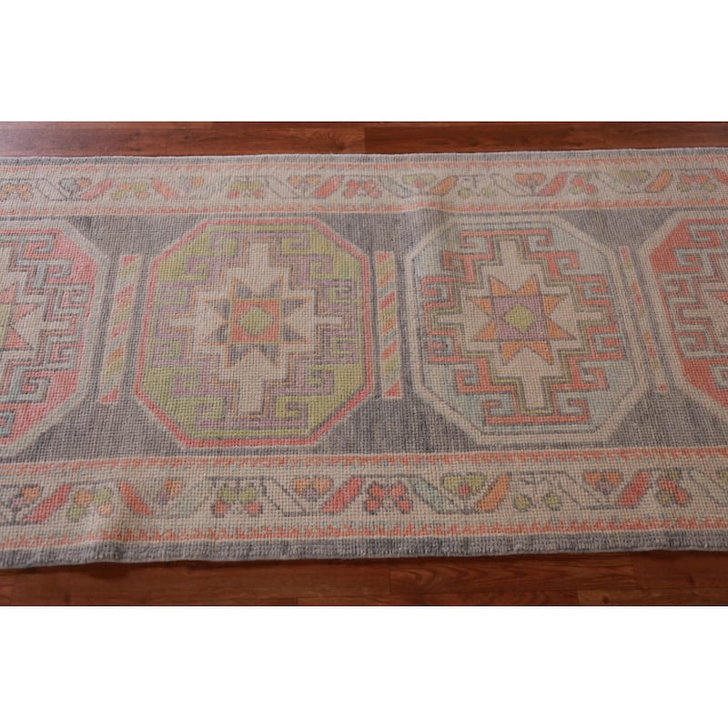 Hand Knotted Oriental 100% Wool Carpet Transitional Geometric Greys & Charcoal Oushak Runner Rug - 13' 0'' X 3' 1''
