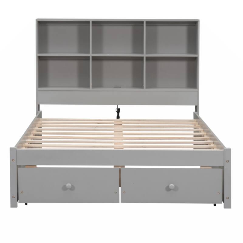 Full Size Platform Bed with Storage Headboard, Charging Station and 2 Drawers