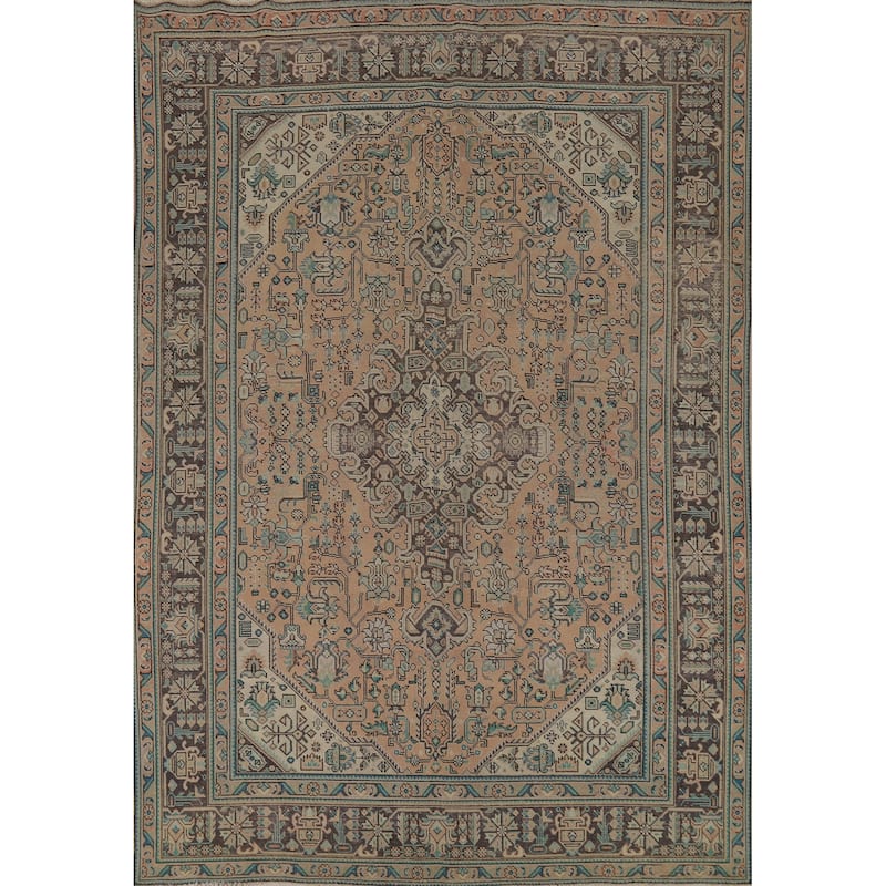 Geometric Tabriz Persian Vintage Rug Handmade Peach Wool Carpet - 7'10" x 10'11"