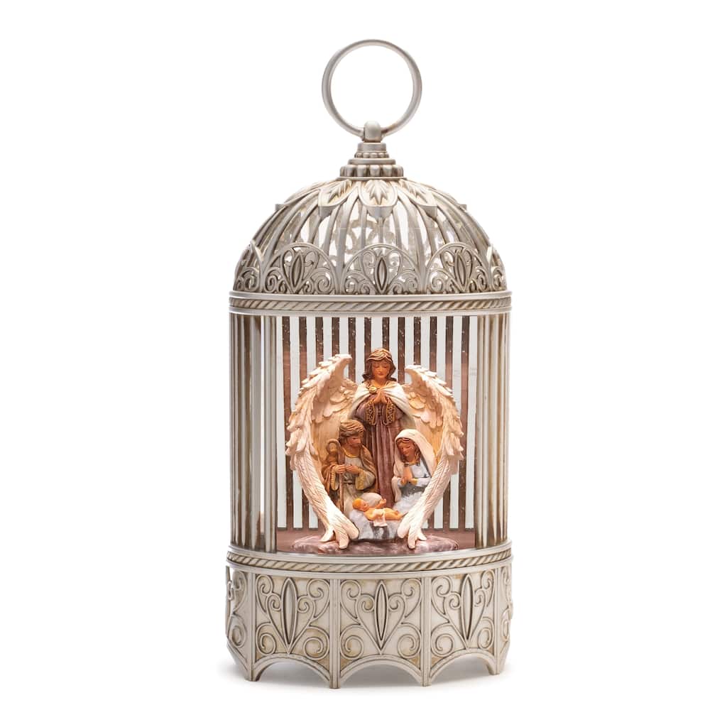 Nativity LED Snow Globe in Birdcage Design with Motorized Snow Effect USB Powered and 6 Hours Timer - 5.25”L x 3”W x 11.25”H