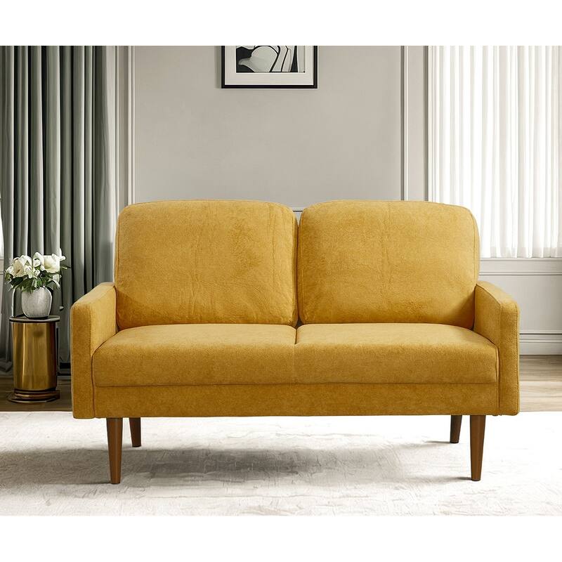 Velvet Upholstered Loveseat Sofa, Small Loveseat Sofa Couch with Rubber Wood Legs, 2 Seater Couch with Throw Pillow