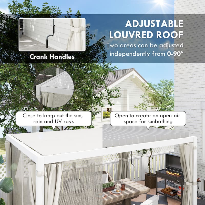 Outsunny 13' x 10' Outdoor Retractable Pergola with Sun Shade Aluminum Louvered Top, Pergola with Canopy, Curtains, and Netting