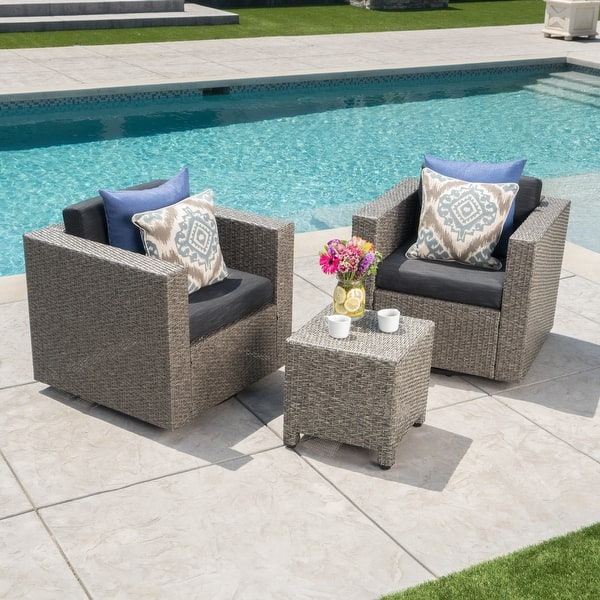 Puerta Outdoor Wicker 3piece Swivel Chat Set with Cushions by