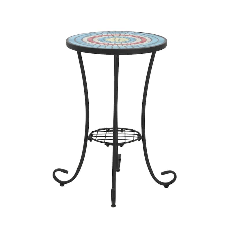Roomfitters Outdoor Patio Side Table with Ceramic Tile Top and Lower Shelf, Floral