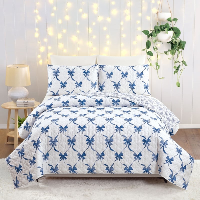Abigail Bow Reversible Quilt Set - Blue - Twin