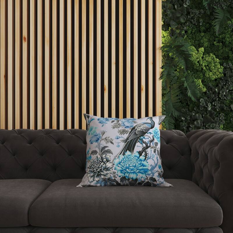 Blue And Grey Peacock Panache Faux Suede Throw Pillow Zipper