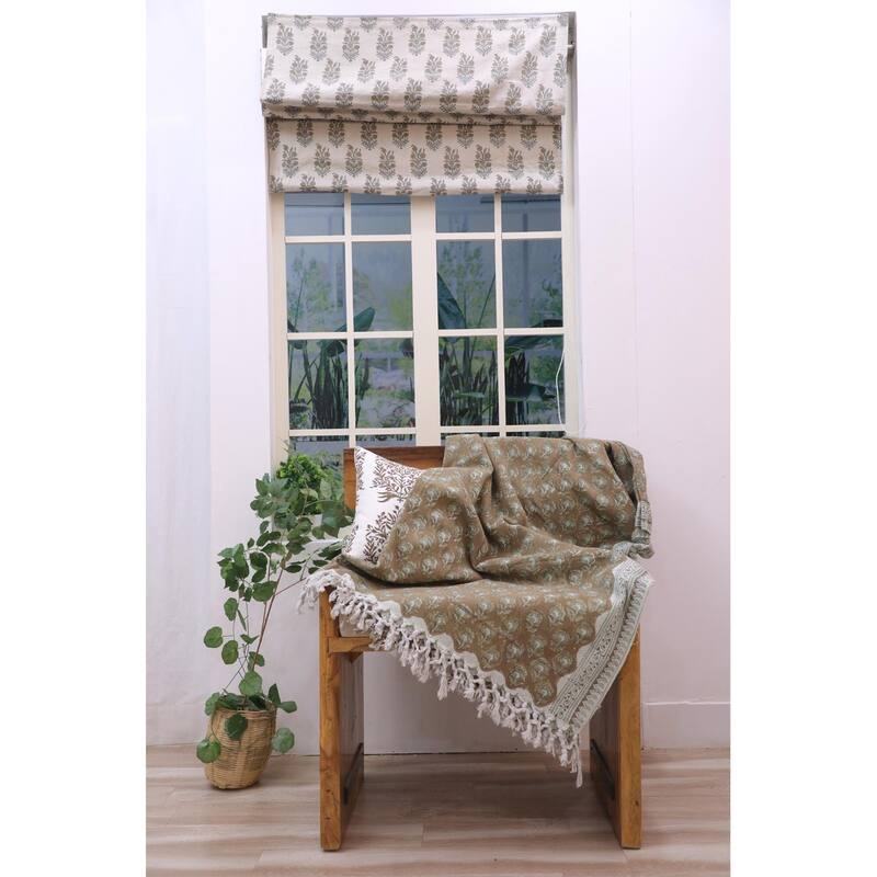 Fabdivine Rohini Handwoven Cotton Throw Blanket - Floral Block Print Decorative Home Accent with Artisan Fringe, 90" x 54"