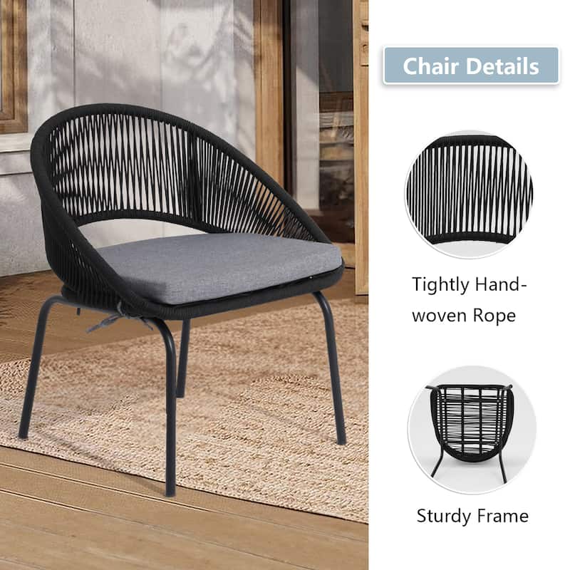 Luxurious 3-Piece Metal Woven Rope Outdoor Bistro Set with Gray Cushion & Coffee Table - 24.8*24.6*29.2 INCH