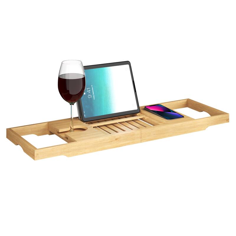 Bamboo Bathtub Tray - Wood Bath Caddy with Extended Sides for Bath Accessories by Home-Complete (Natural)